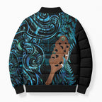 Maripi New Zealand Bomber Puffer Jacket Maori Weapon Paua Shell Haka Fern