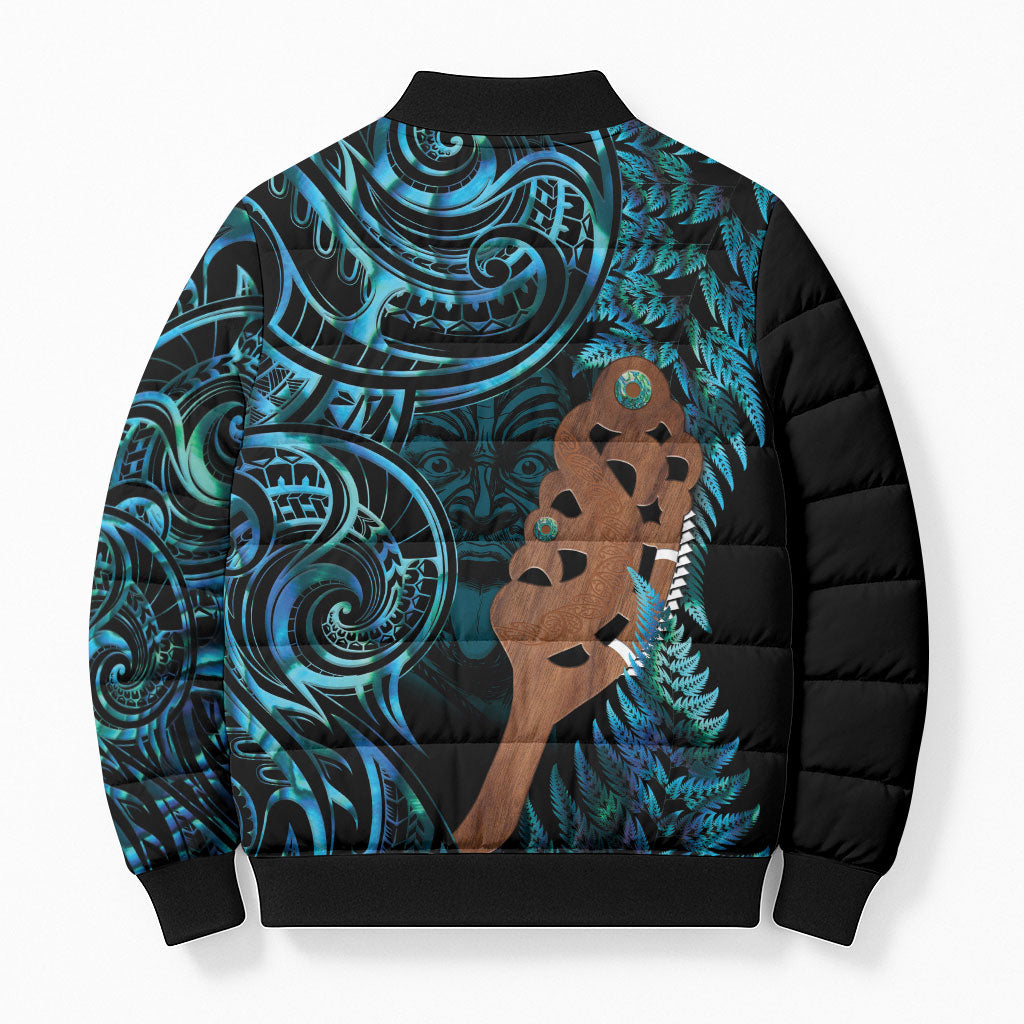 Maripi New Zealand Bomber Puffer Jacket Maori Weapon Paua Shell Haka Fern