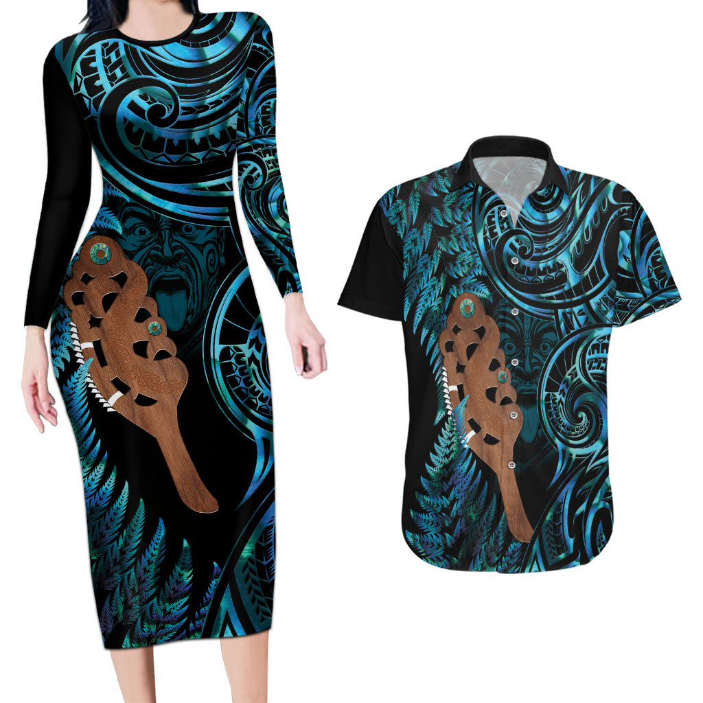 Maripi New Zealand Couples Matching Long Sleeve Bodycon Dress and Hawaiian Shirt Maori Weapon Paua Shell Haka Fern
