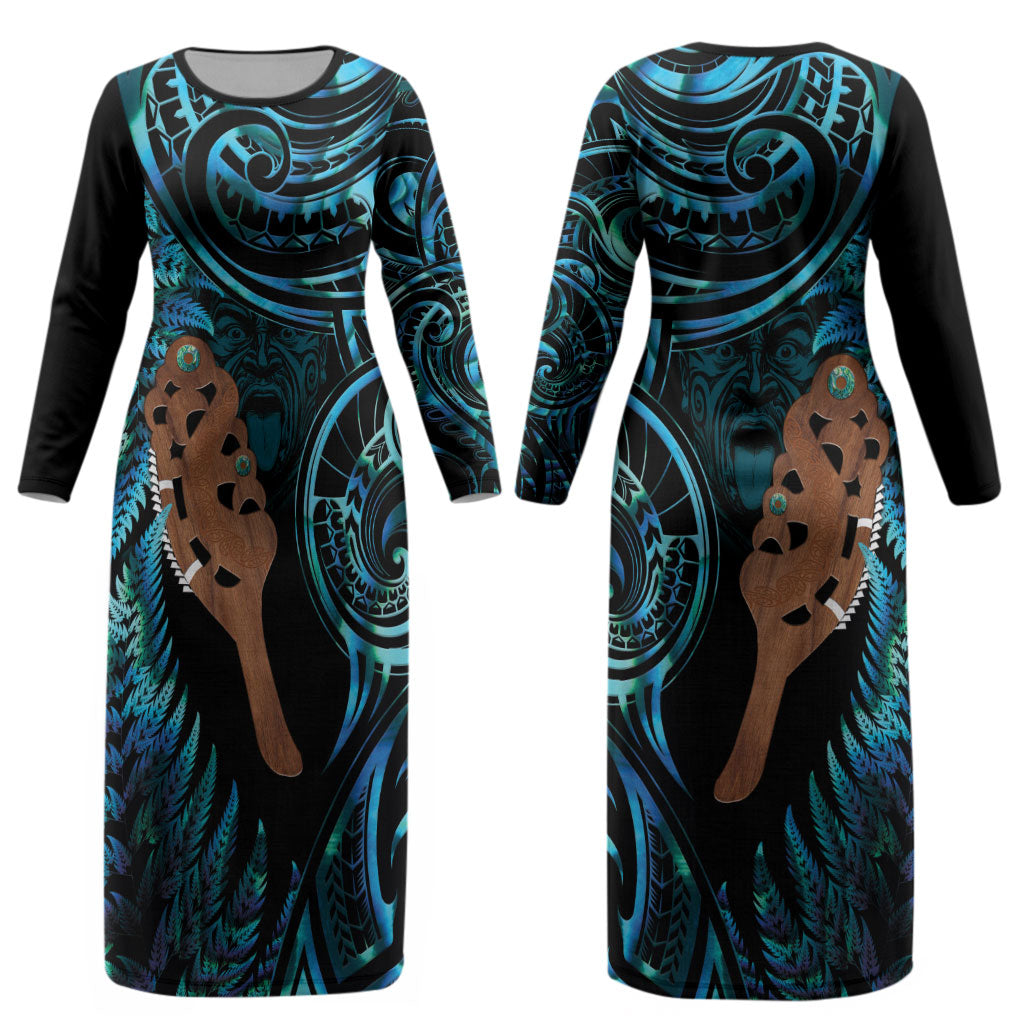 Maripi New Zealand Couples Matching Long Sleeve Bodycon Dress and Hawaiian Shirt Maori Weapon Paua Shell Haka Fern LT14