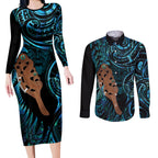 Maripi New Zealand Couples Matching Long Sleeve Bodycon Dress and Long Sleeve Button Shirt Maori Weapon Paua Shell Haka Fern