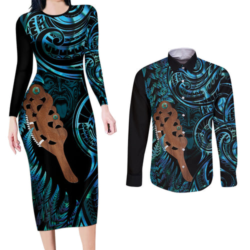 Maripi New Zealand Couples Matching Long Sleeve Bodycon Dress and Long Sleeve Button Shirt Maori Weapon Paua Shell Haka Fern