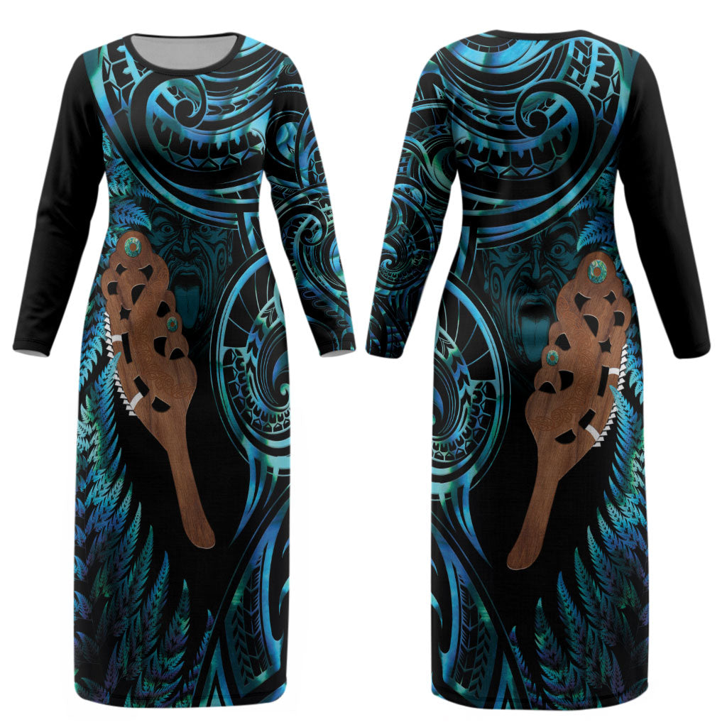 Maripi New Zealand Couples Matching Long Sleeve Bodycon Dress and Long Sleeve Button Shirt Maori Weapon Paua Shell Haka Fern LT14