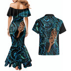 Maripi New Zealand Couples Matching Mermaid Dress and Hawaiian Shirt Maori Weapon Paua Shell Haka Fern