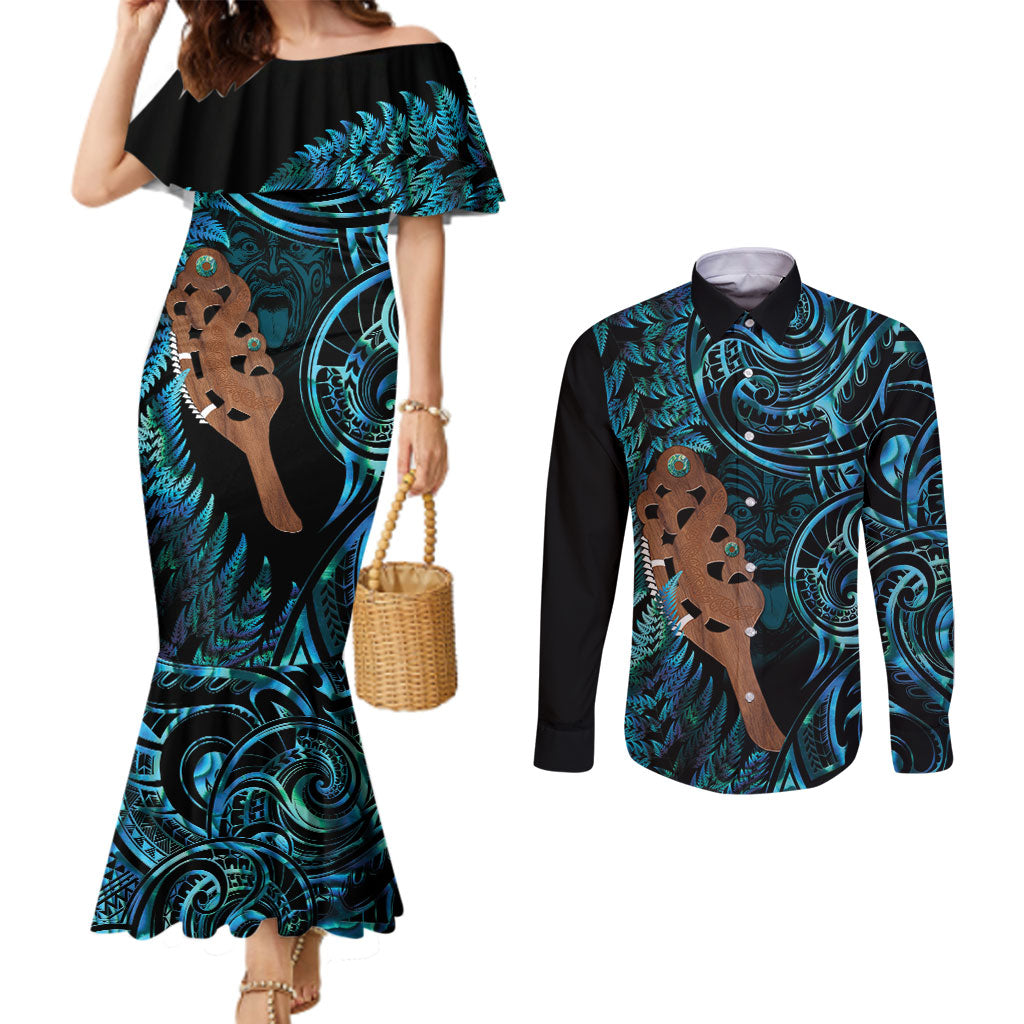 Maripi New Zealand Couples Matching Mermaid Dress and Long Sleeve Button Shirt Maori Weapon Paua Shell Haka Fern