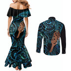 Maripi New Zealand Couples Matching Mermaid Dress and Long Sleeve Button Shirt Maori Weapon Paua Shell Haka Fern
