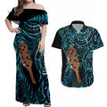 Maripi New Zealand Couples Matching Off Shoulder Maxi Dress and Hawaiian Shirt Maori Weapon Paua Shell Haka Fern