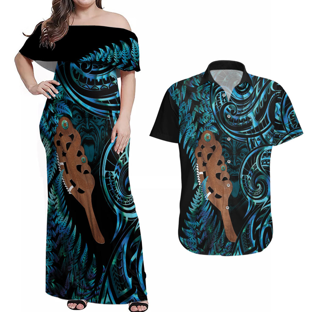 Maripi New Zealand Couples Matching Off Shoulder Maxi Dress and Hawaiian Shirt Maori Weapon Paua Shell Haka Fern