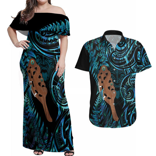 Maripi New Zealand Couples Matching Off Shoulder Maxi Dress and Hawaiian Shirt Maori Weapon Paua Shell Haka Fern