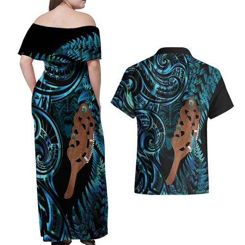 Maripi New Zealand Couples Matching Off Shoulder Maxi Dress and Hawaiian Shirt Maori Weapon Paua Shell Haka Fern