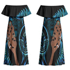 Maripi New Zealand Couples Matching Off Shoulder Maxi Dress and Hawaiian Shirt Maori Weapon Paua Shell Haka Fern LT14