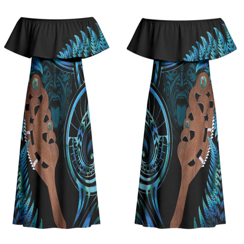 Maripi New Zealand Couples Matching Off Shoulder Maxi Dress and Hawaiian Shirt Maori Weapon Paua Shell Haka Fern LT14