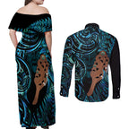 Maripi New Zealand Couples Matching Off Shoulder Maxi Dress and Long Sleeve Button Shirt Maori Weapon Paua Shell Haka Fern