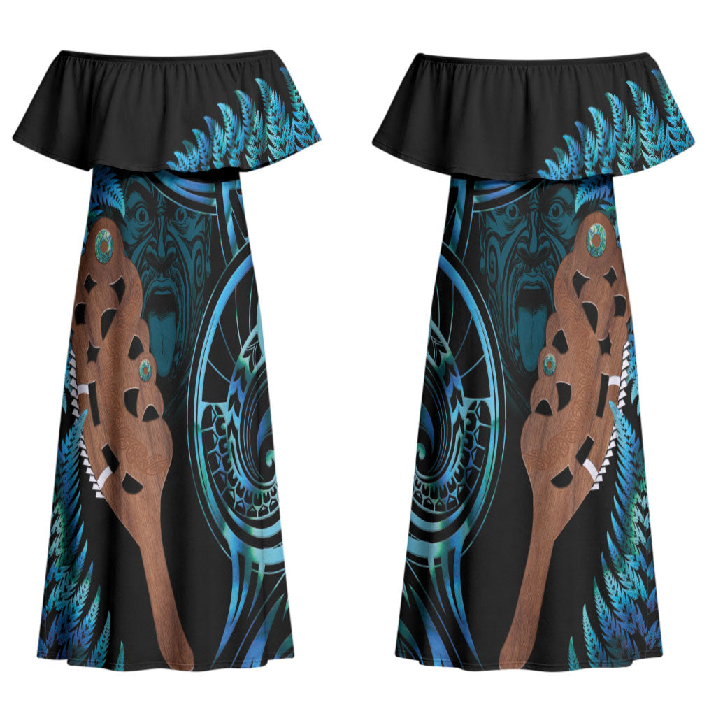 Maripi New Zealand Couples Matching Off Shoulder Maxi Dress and Long Sleeve Button Shirt Maori Weapon Paua Shell Haka Fern LT14