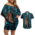 Maripi New Zealand Couples Matching Off Shoulder Short Dress and Hawaiian Shirt Maori Weapon Paua Shell Haka Fern