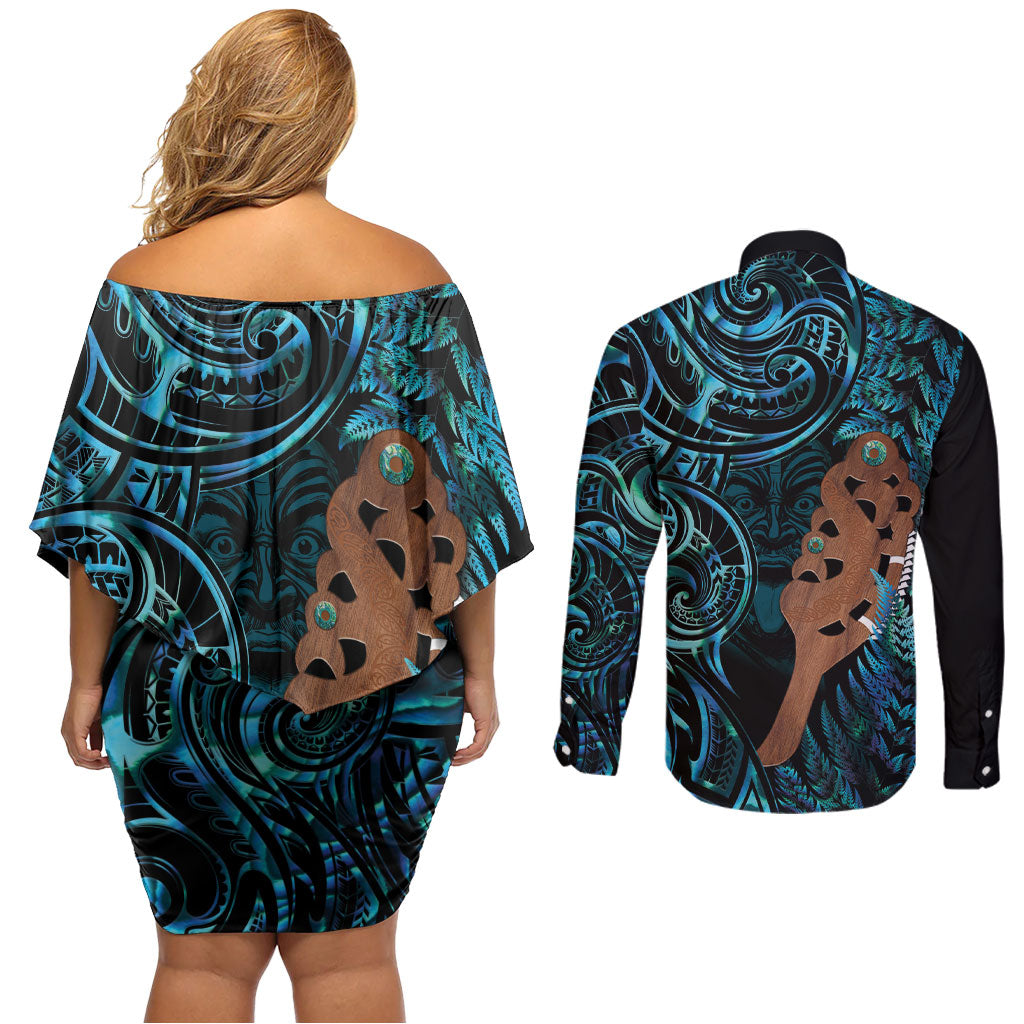 Maripi New Zealand Couples Matching Off Shoulder Short Dress and Long Sleeve Button Shirt Maori Weapon Paua Shell Haka Fern