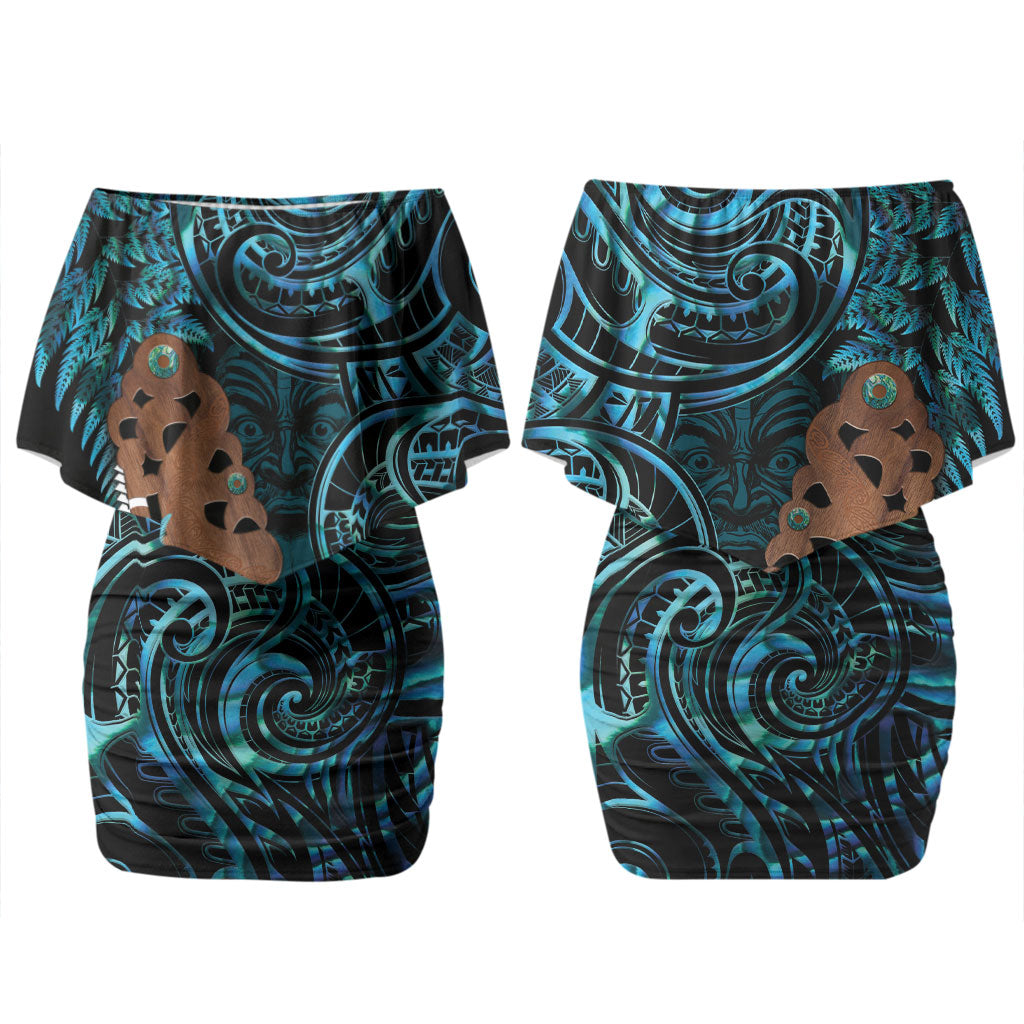 Maripi New Zealand Couples Matching Off Shoulder Short Dress and Long Sleeve Button Shirt Maori Weapon Paua Shell Haka Fern LT14