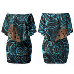 Maripi New Zealand Couples Matching Off Shoulder Short Dress and Long Sleeve Button Shirt Maori Weapon Paua Shell Haka Fern LT14