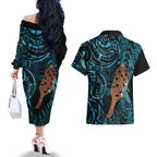 Maripi New Zealand Couples Matching Off The Shoulder Long Sleeve Dress and Hawaiian Shirt Maori Weapon Paua Shell Haka Fern