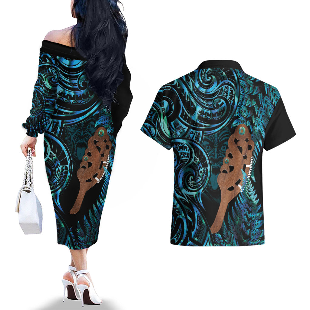 Maripi New Zealand Couples Matching Off The Shoulder Long Sleeve Dress and Hawaiian Shirt Maori Weapon Paua Shell Haka Fern