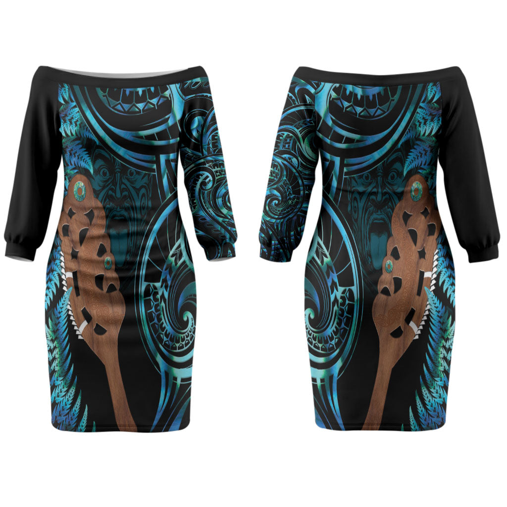 Maripi New Zealand Couples Matching Off The Shoulder Long Sleeve Dress and Hawaiian Shirt Maori Weapon Paua Shell Haka Fern LT14