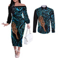 Maripi New Zealand Couples Matching Off The Shoulder Long Sleeve Dress and Long Sleeve Button Shirt Maori Weapon Paua Shell Haka Fern