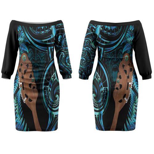 Maripi New Zealand Couples Matching Off The Shoulder Long Sleeve Dress and Long Sleeve Button Shirt Maori Weapon Paua Shell Haka Fern LT14