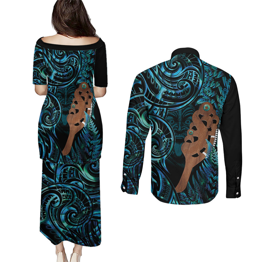 Maripi New Zealand Couples Matching Puletasi and Long Sleeve Button Shirt Maori Weapon Paua Shell Haka Fern