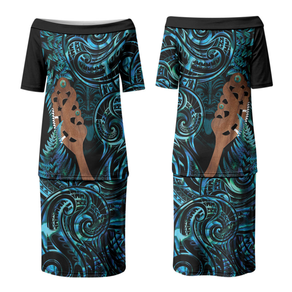 Maripi New Zealand Couples Matching Puletasi and Long Sleeve Button Shirt Maori Weapon Paua Shell Haka Fern LT14