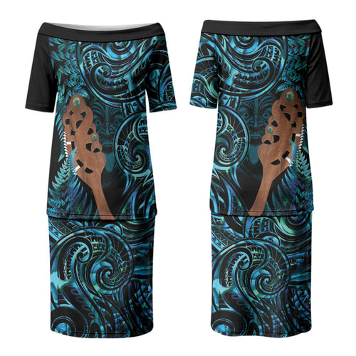 Maripi New Zealand Couples Matching Puletasi and Long Sleeve Button Shirt Maori Weapon Paua Shell Haka Fern LT14