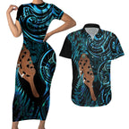 Maripi New Zealand Couples Matching Short Sleeve Bodycon Dress and Hawaiian Shirt Maori Weapon Paua Shell Haka Fern