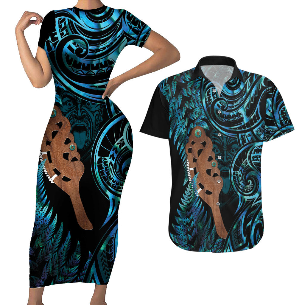 Maripi New Zealand Couples Matching Short Sleeve Bodycon Dress and Hawaiian Shirt Maori Weapon Paua Shell Haka Fern