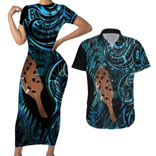 Maripi New Zealand Couples Matching Short Sleeve Bodycon Dress and Hawaiian Shirt Maori Weapon Paua Shell Haka Fern