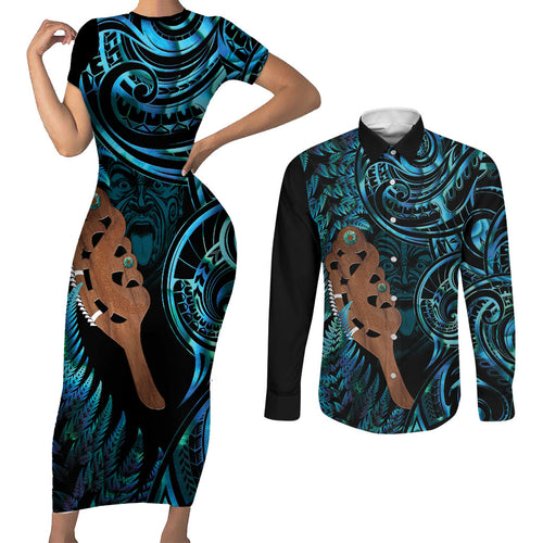 Maripi New Zealand Couples Matching Short Sleeve Bodycon Dress and Long Sleeve Button Shirt Maori Weapon Paua Shell Haka Fern