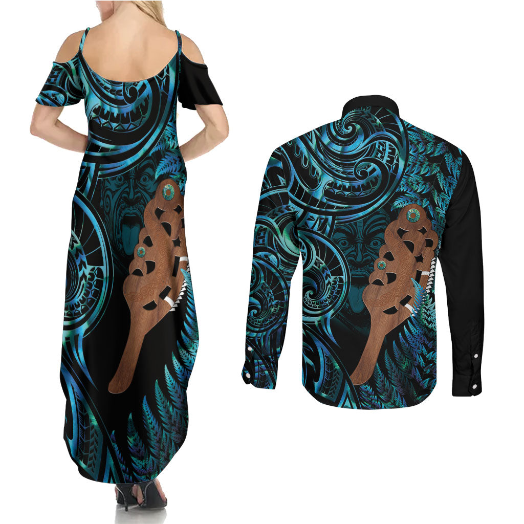 Maripi New Zealand Couples Matching Summer Maxi Dress and Long Sleeve Button Shirt Maori Weapon Paua Shell Haka Fern