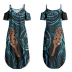 Maripi New Zealand Couples Matching Summer Maxi Dress and Long Sleeve Button Shirt Maori Weapon Paua Shell Haka Fern LT14
