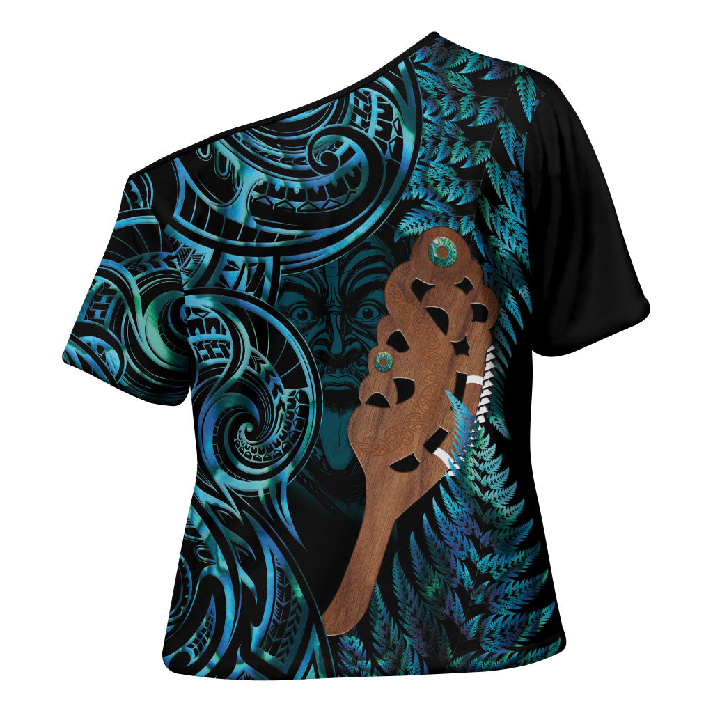 Maripi New Zealand Cross Shoulder Shirt Maori Weapon Paua Shell Haka Fern