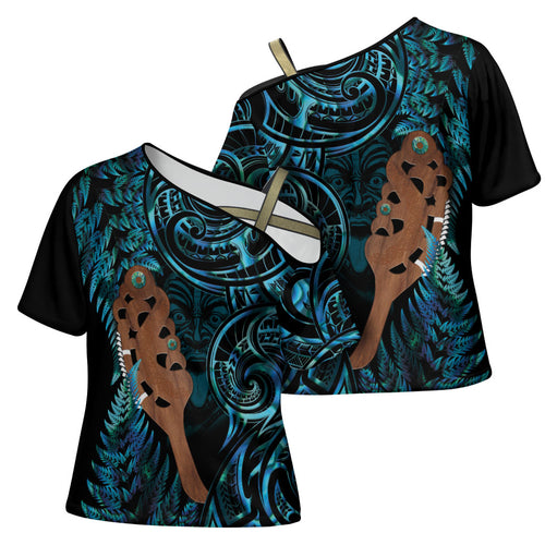 Maripi New Zealand Cross Shoulder Shirt Maori Weapon Paua Shell Haka Fern
