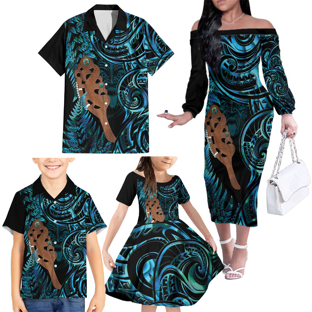 Maripi New Zealand Family Matching Off The Shoulder Long Sleeve Dress and Hawaiian Shirt Maori Weapon Paua Shell Haka Fern