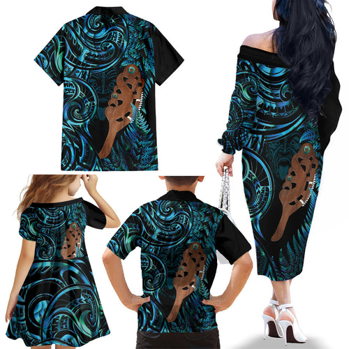 Maripi New Zealand Family Matching Off The Shoulder Long Sleeve Dress and Hawaiian Shirt Maori Weapon Paua Shell Haka Fern