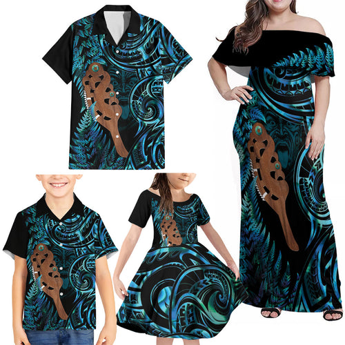 Maripi New Zealand Family Matching Off Shoulder Maxi Dress and Hawaiian Shirt Maori Weapon Paua Shell Haka Fern