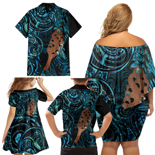 Maripi New Zealand Family Matching Off Shoulder Short Dress and Hawaiian Shirt Maori Weapon Paua Shell Haka Fern