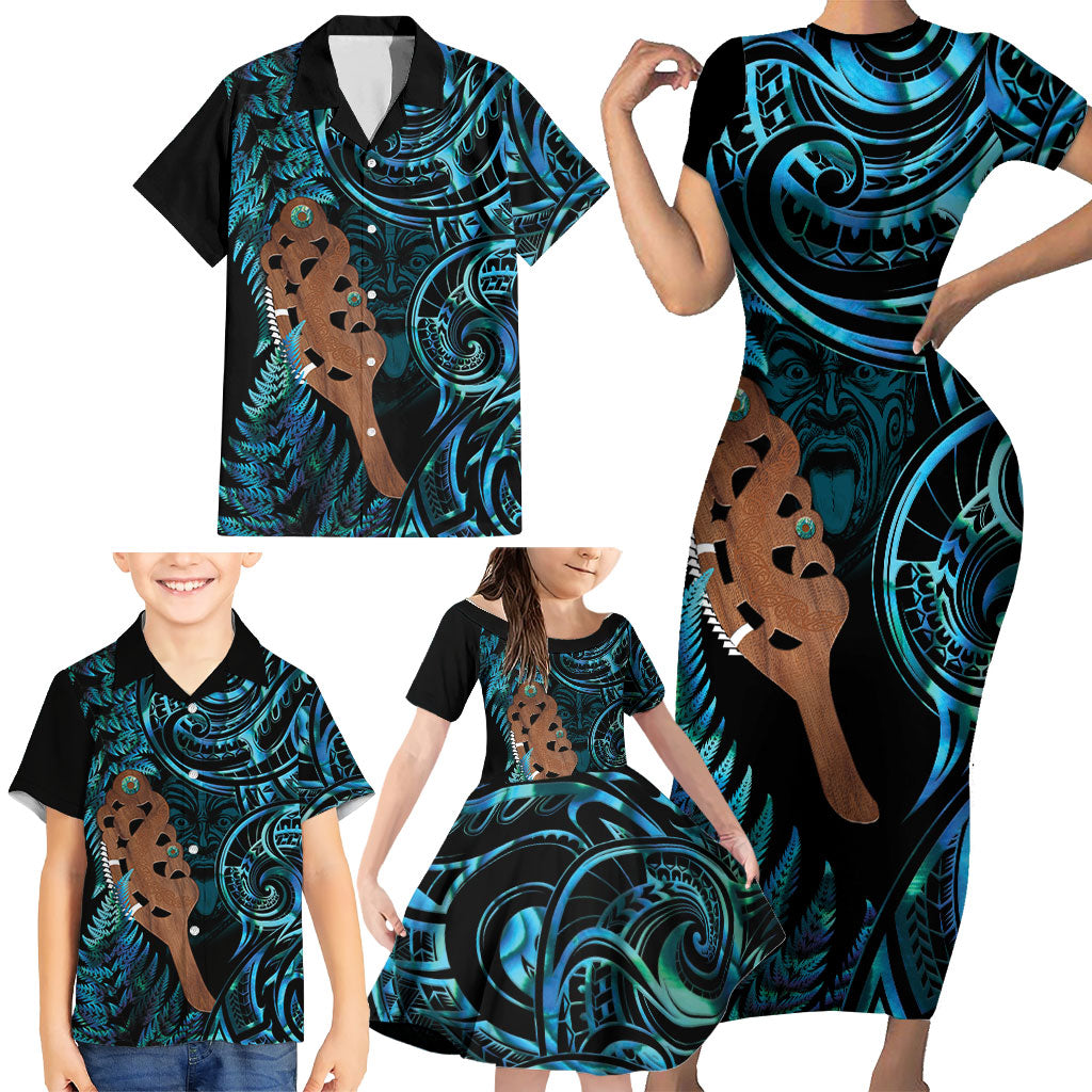 Maripi New Zealand Family Matching Short Sleeve Bodycon Dress and Hawaiian Shirt Maori Weapon Paua Shell Haka Fern