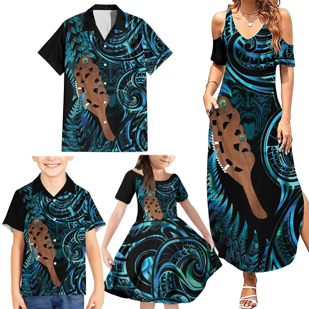 Maripi New Zealand Family Matching Summer Maxi Dress and Hawaiian Shirt Maori Weapon Paua Shell Haka Fern