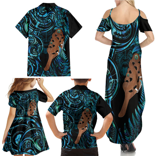Maripi New Zealand Family Matching Summer Maxi Dress and Hawaiian Shirt Maori Weapon Paua Shell Haka Fern