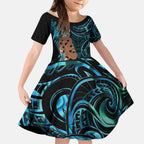 Maripi New Zealand Kid Short Sleeve Dress Maori Weapon Paua Shell Haka Fern