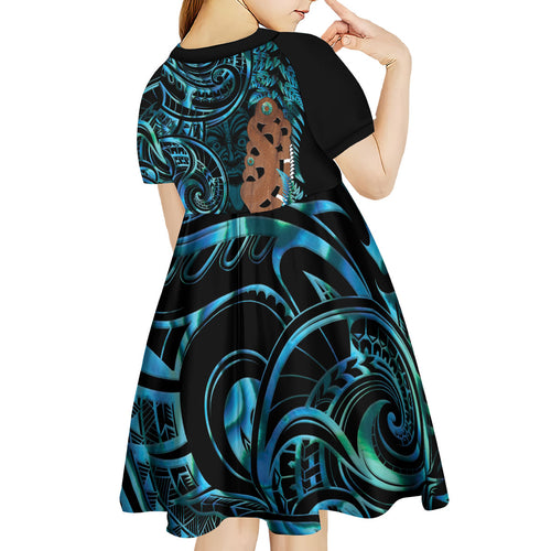 Maripi New Zealand Kid Short Sleeve Dress Maori Weapon Paua Shell Haka Fern