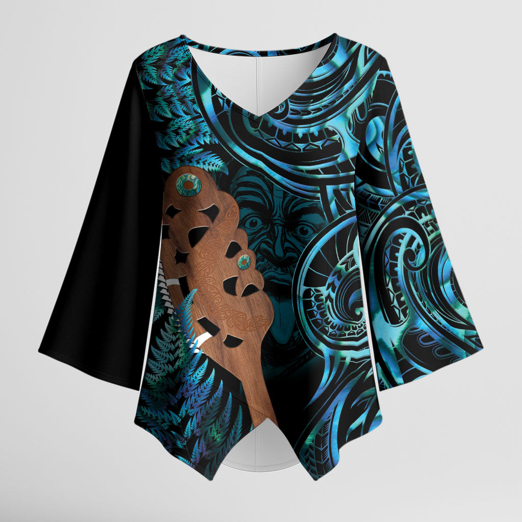 Maripi New Zealand Kimono Sleeve Blouse Maori Weapon Paua Shell Haka Fern