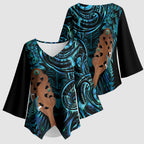 Maripi New Zealand Kimono Sleeve Blouse Maori Weapon Paua Shell Haka Fern