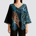 Maripi New Zealand Kimono Sleeve Blouse Maori Weapon Paua Shell Haka Fern